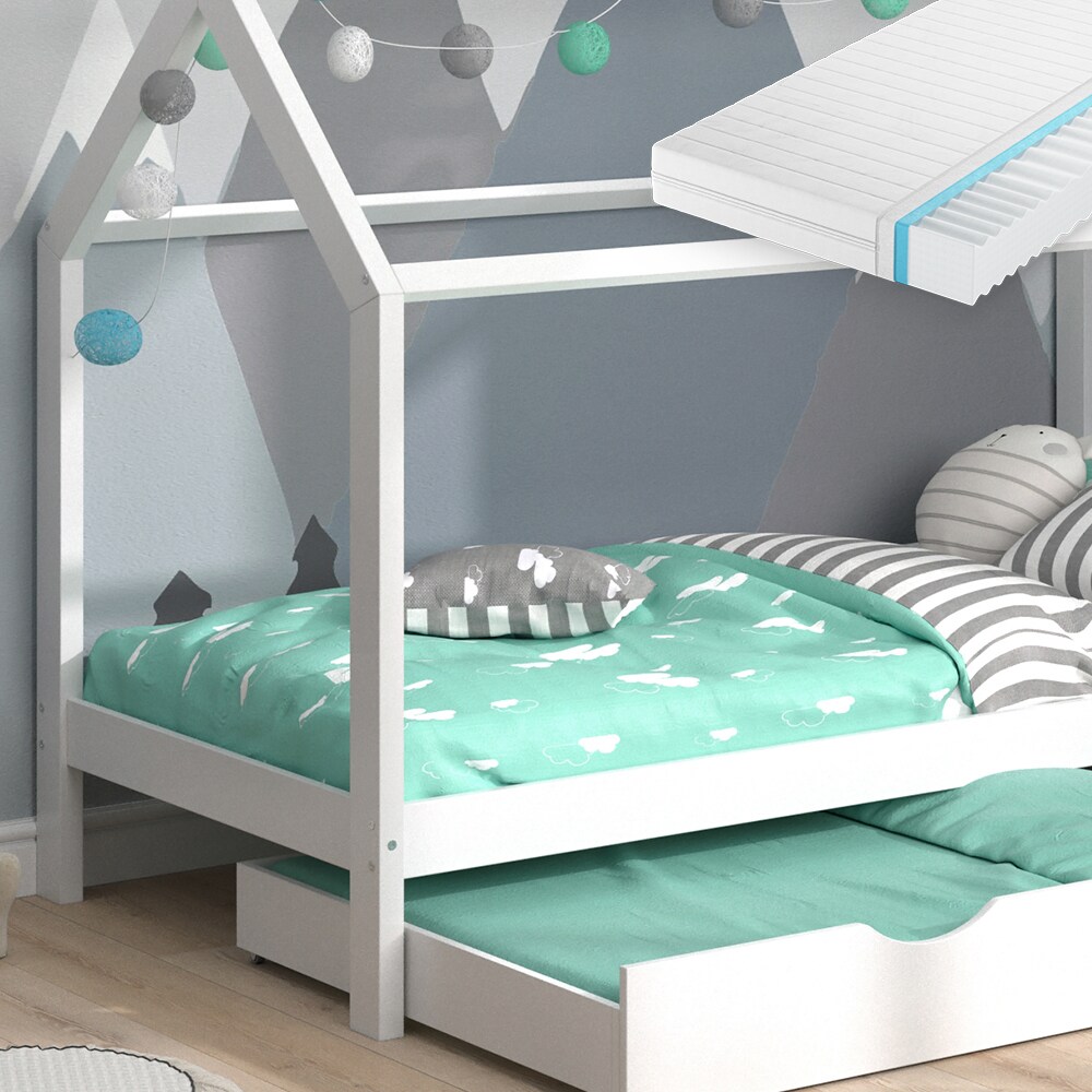 VitaliSpa Kinderbett Hausbett Gästebett Wiki Weiß 90x200cm Schublade Matratze