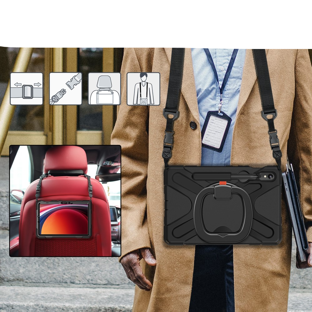 Samsung Galaxy Tab S10 Lite / S10 FE / Tab S9 FE / Tab S9 / Tab S8 / Tab S7 Hybrid Outdoor Silikon Case Hülle mit Aufsteller und Schultergurt - Schwarz