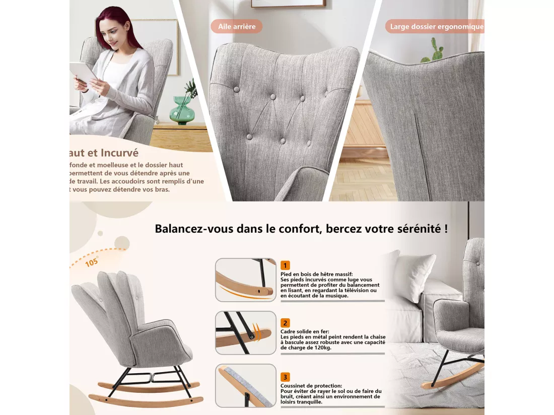 MEUBLES COSY Fauteuil à Bascule Allaitement Rocking Chair Scandinave Chaise Loisir Revêtement en Tissu avec Pieds en Bois Massif pour Salon, Chambre, Le balcon, Gris Clair