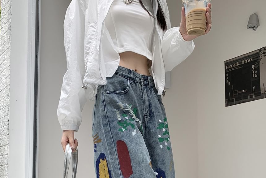 Cerauno - High Waist Brush Print Washed Distressed Wide Leg Jeans
