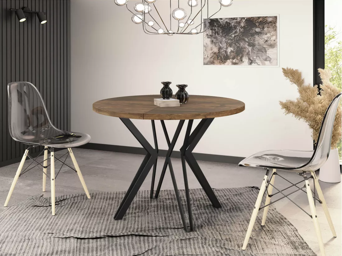 Table Ronde Salle à Manger - 120/196 Cm De Diamètre - Table à Rallonges Avec Pieds En Métal Noir - Style Industriel - Compacte - Chêne Lefkas