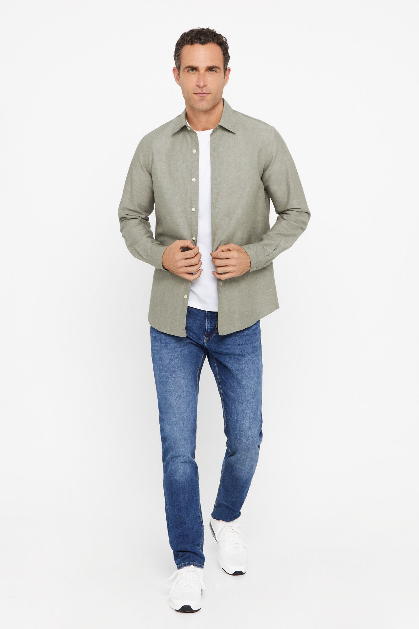 Camisa lisa de linho e algodão - Cáqui