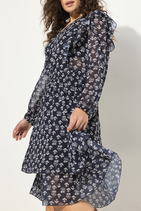 Kleid, doppellagig, V-Ausschnitt, Rüsche, Langarm