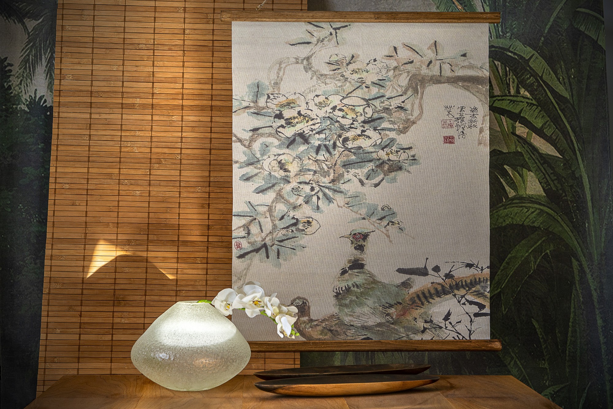 Rollbild auf Leinwand 'Birds in Tree', multicolor, T 2 cm, B 63 cm, H 78 cm von fischer's lagerhaus
