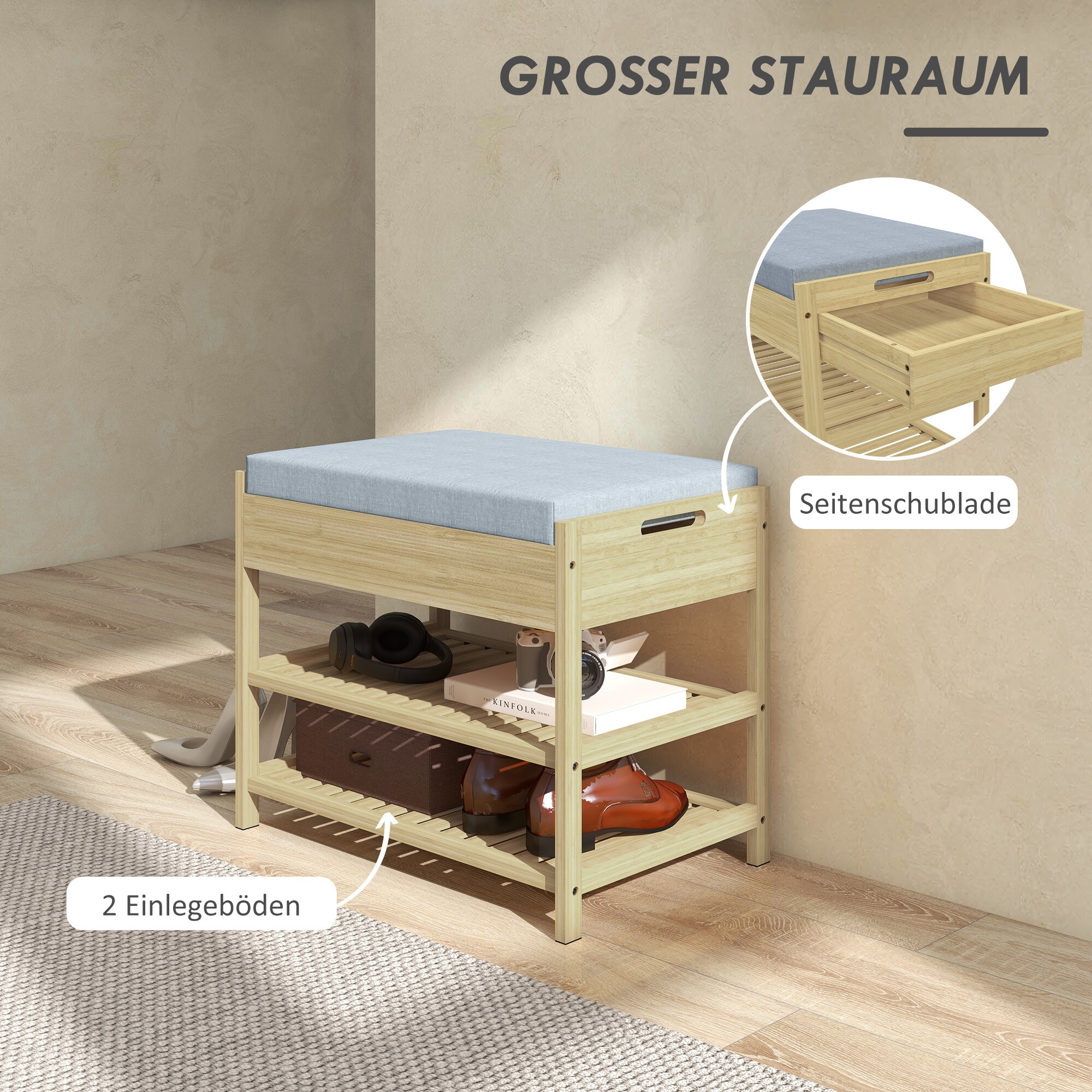 HOMCOM Schuhregal mit Schublade natur 55L x 35B x 46H cm