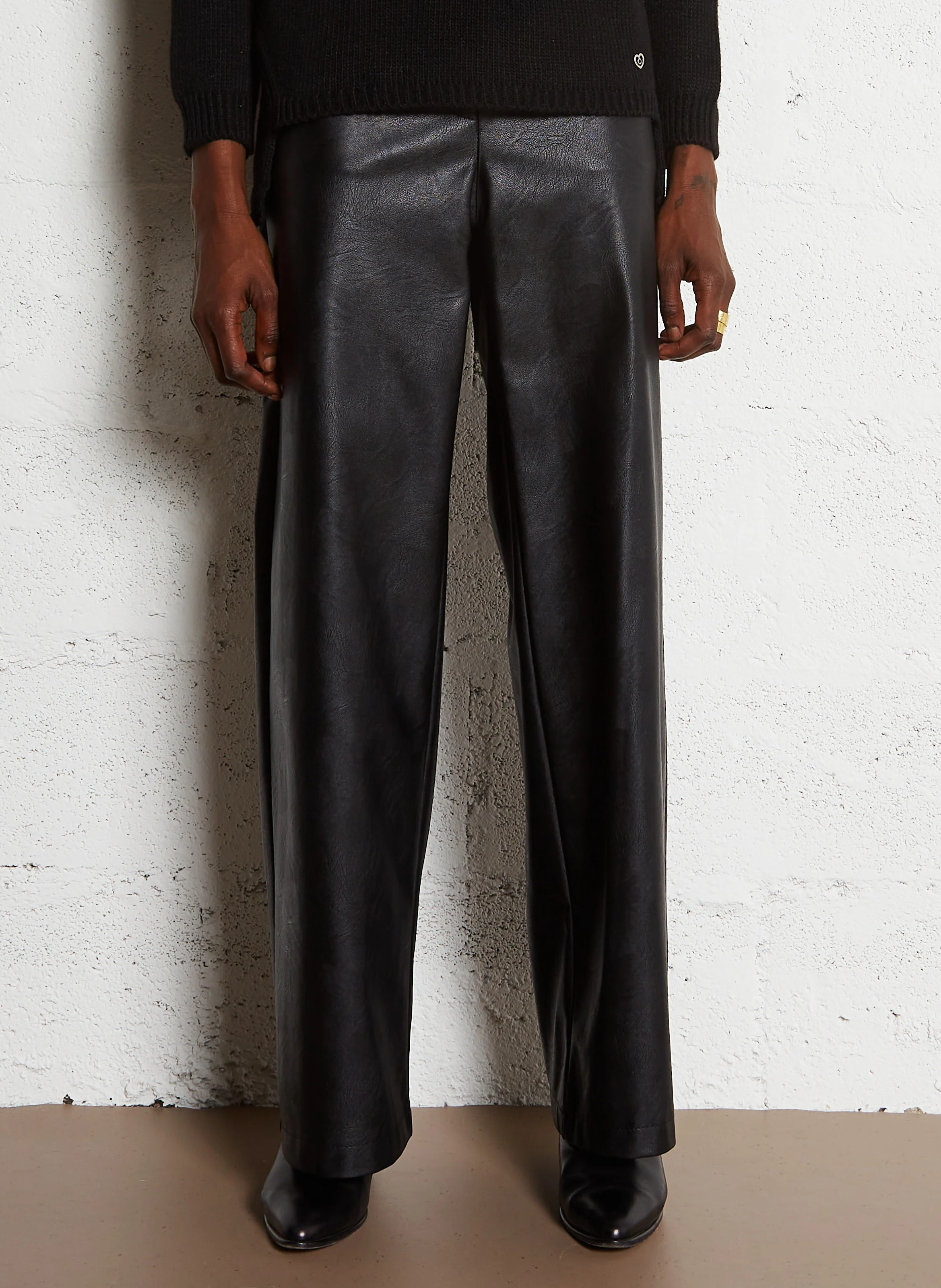 Pantalon large effet cuir | Noir