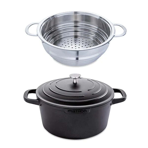 Lot cocotte légère ronde fonte aluminium 24 cm 4,5 L et panier vapeur