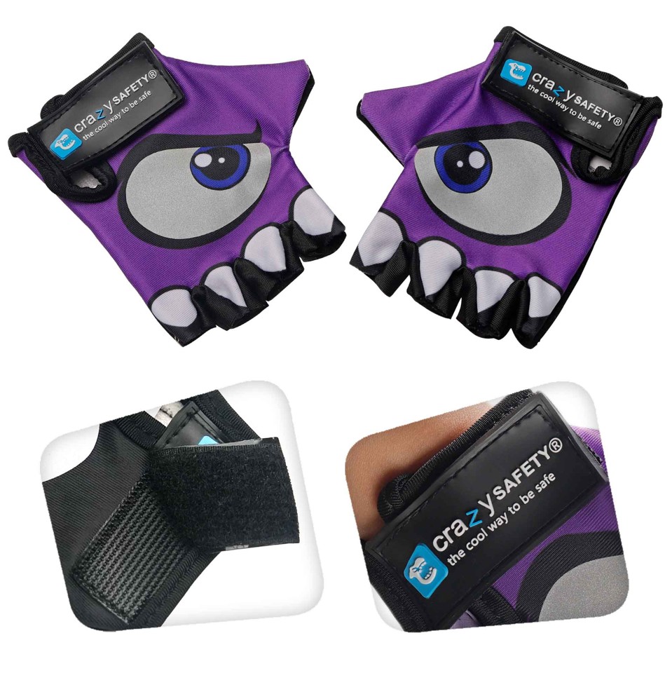 Crazy Safety - Lilla børnecykelhandsker med reflekterende øjne, polstrede håndflader - Purple - Size S