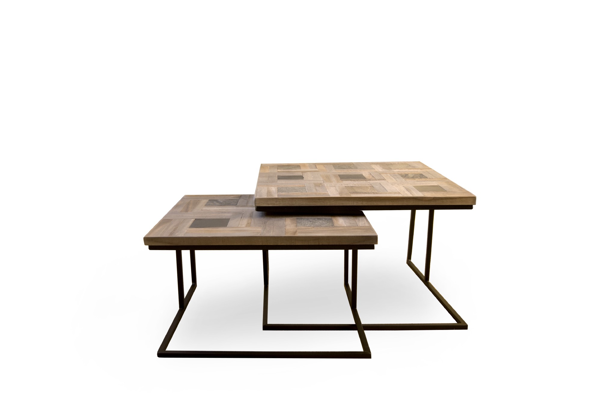 2er-Set Tisch 'Castone', aus recyceltem Teak, Naturstein und Eisen von fischer's lagerhaus