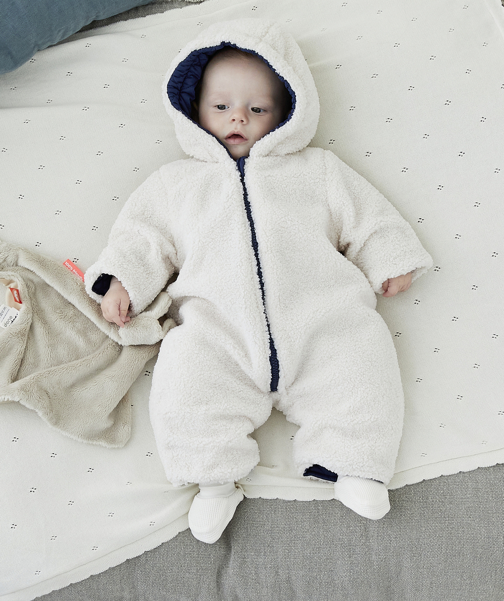 COMBI-PILOTE RÉVERSIBLE BÉBÉ EN REMBOURRAGE RECYCLÉ BLEU MARINE ET SHERPA AVEC COEUR