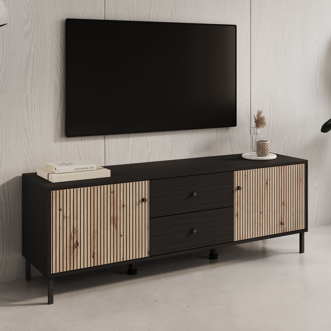 Meubella - TV-Meubel Charles - Zwart eiken - 157 cm