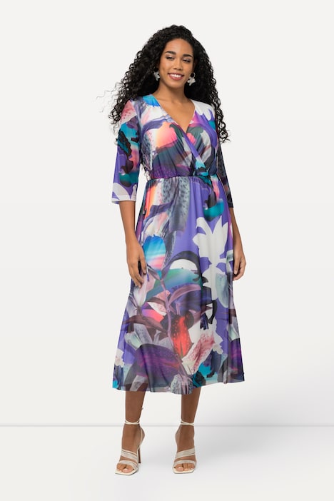 Meshkleid, Blüten, Wickeloptik, V-Ausschnitt, 3/4-Arm