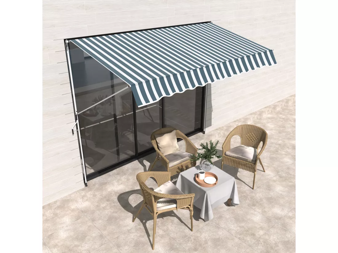 Store banne manuel rétractable 3L x 1,5l m inclinaison et hauteur réglable installation rapide métal alu polyester anti-UV vert blanc rayé