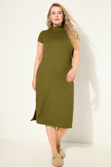 Jersey-Midikleid, Slim, Rippjersey, Stehkragen, Halbarm, OEKO-TEX