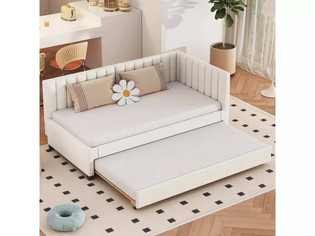 Lit simple 90x200 cm avec un lit gigogne - rembourré en velours avec sommier à lattes - Beige