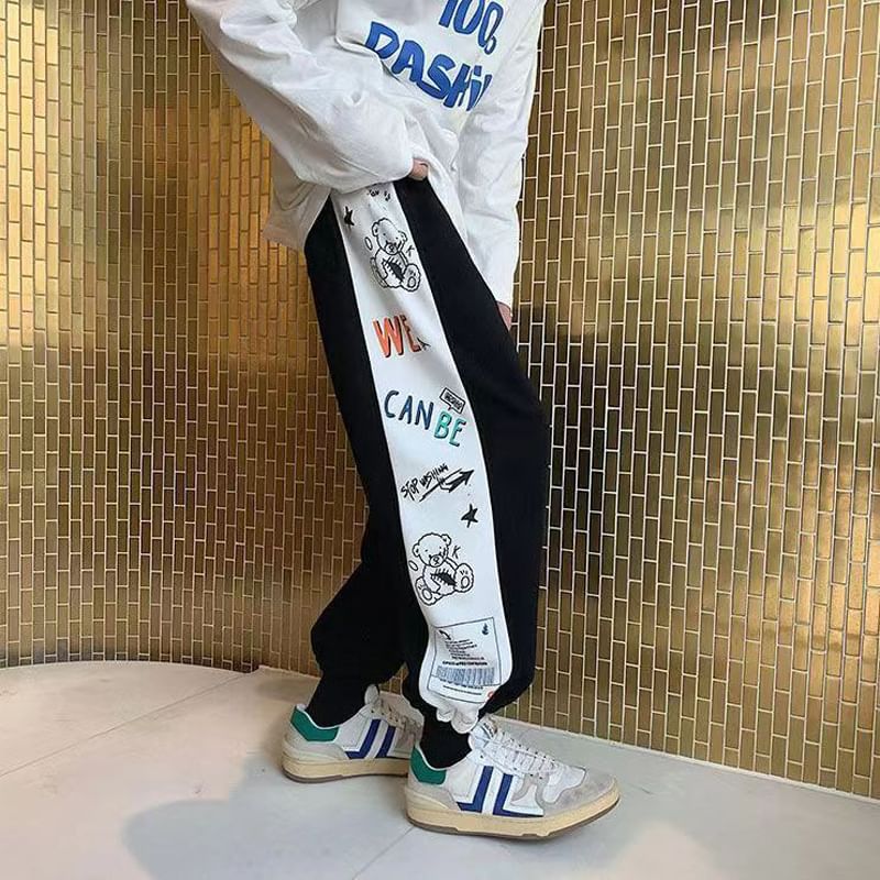 Everose - Elastische taille, cartoonletterprintpaneel, rechte pijpen, joggingbroek