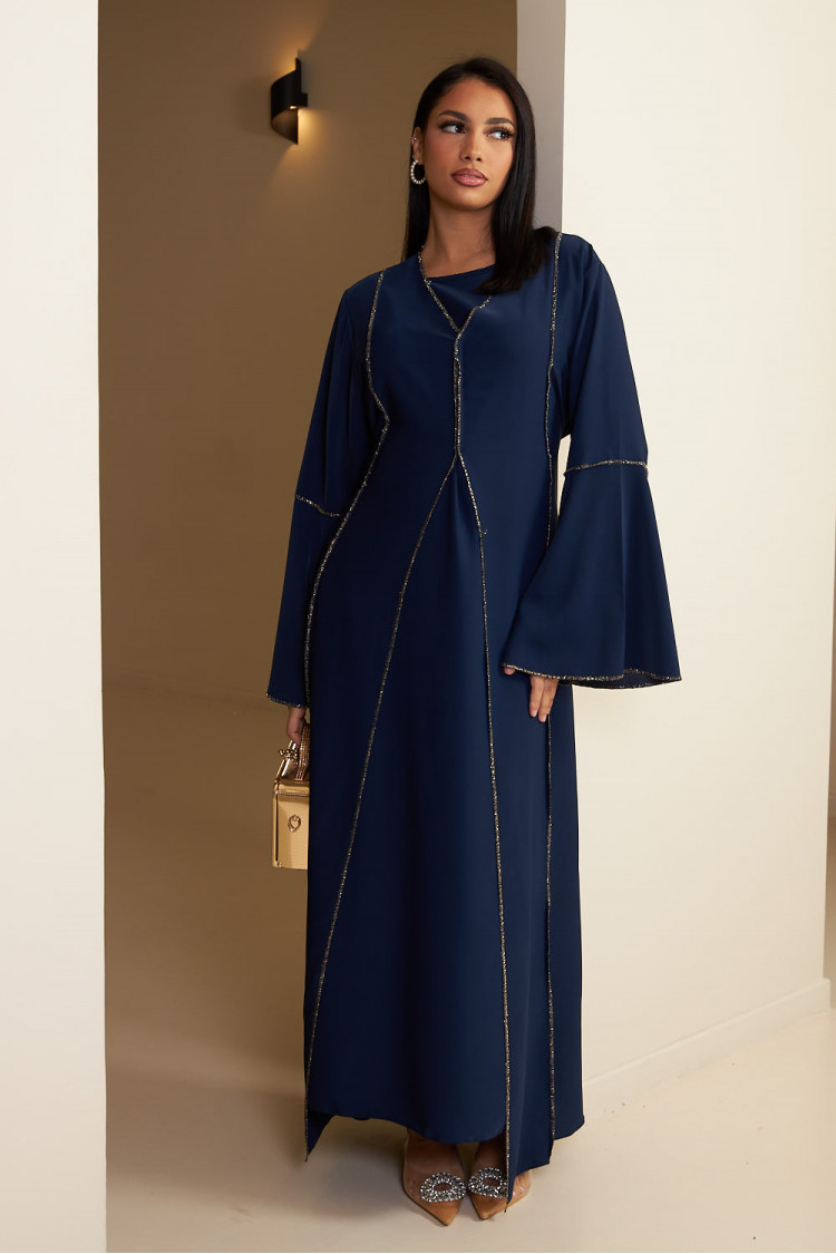 Ensemble 2 pièces abaya + gilet à enfiler bleu foncé et doré