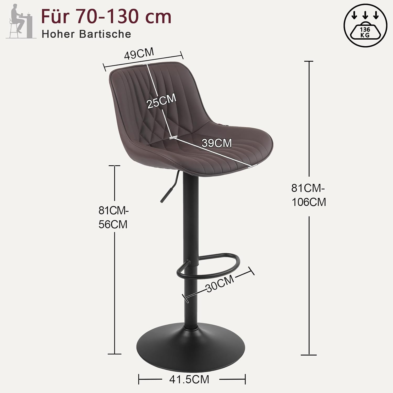 YOUTASTE 1er Barhocker, Drehbar Barstuhl mit Lehne, Höhenverstellbar aus PU-Leder, 360° Drehstuhl, Moderner Bar Hocker Küchenhocker Bar Stool, Braun