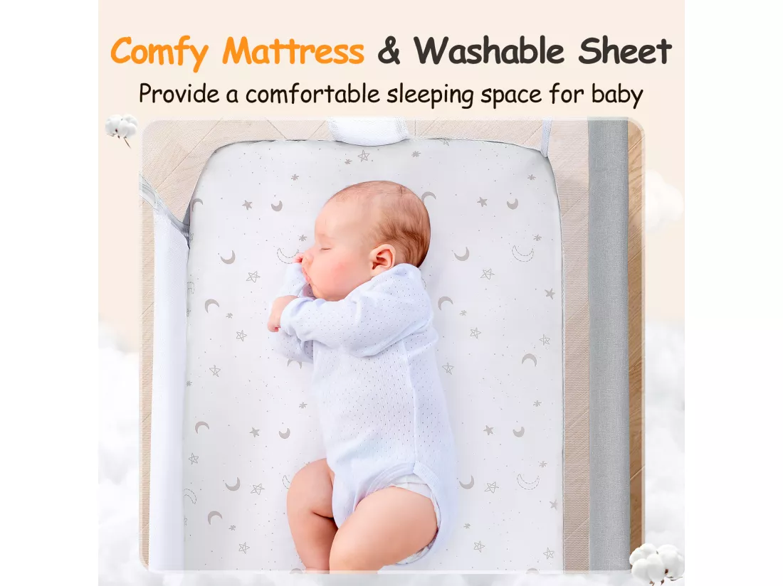 Berceau Cododo, 7 Hauteurs Réglables, avec matelas et sac de Rangement, paroi latérale pliable, roues pivotantes à 360° avec frein