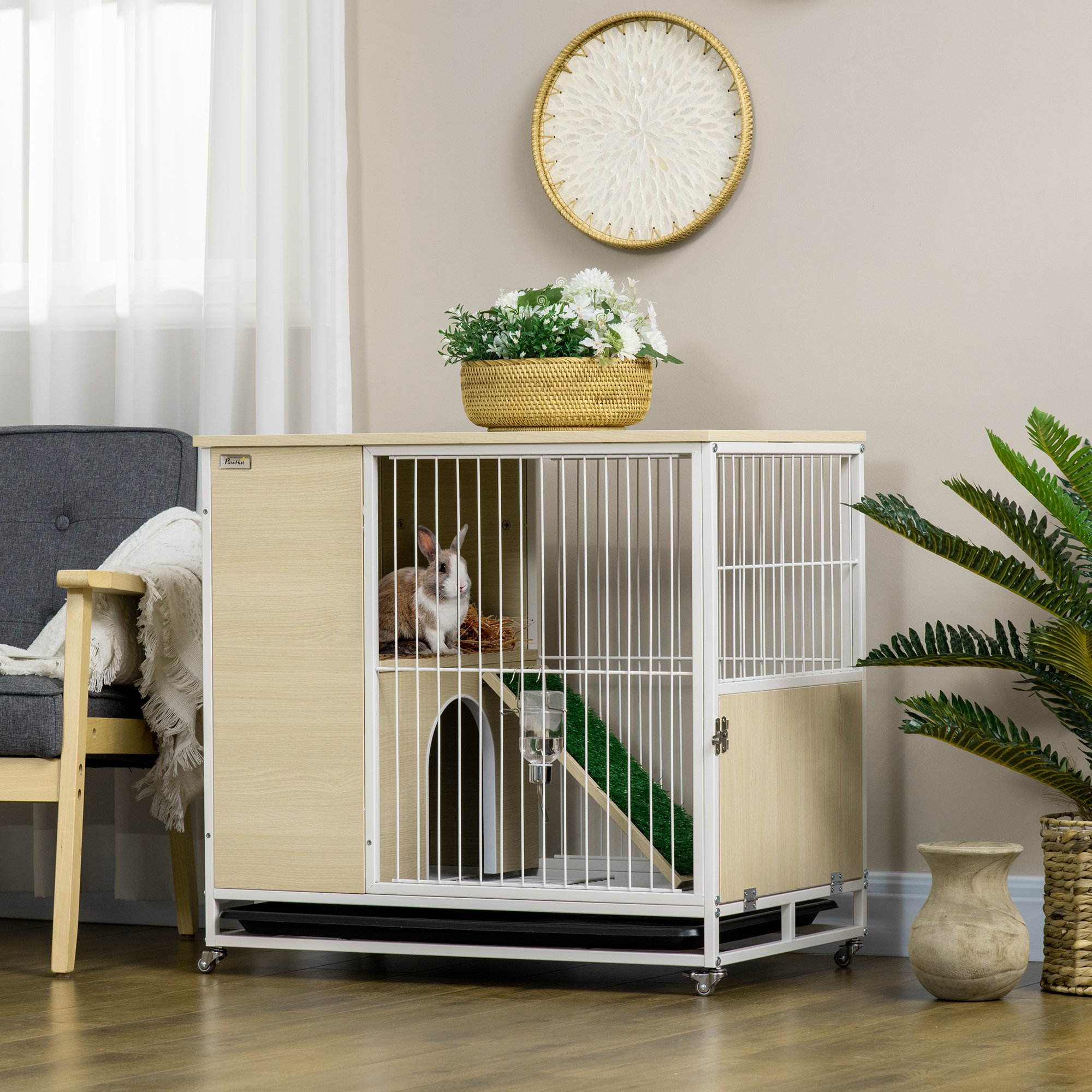 Gaiola de madeira PawHut para coelhos com rodas, móvel para coelhos de interior, 78x52,5x76,5 cm, com mesa lateral com teto que abre, cercado, bandeja removível, bebedouro e rampa, cor carvalho.