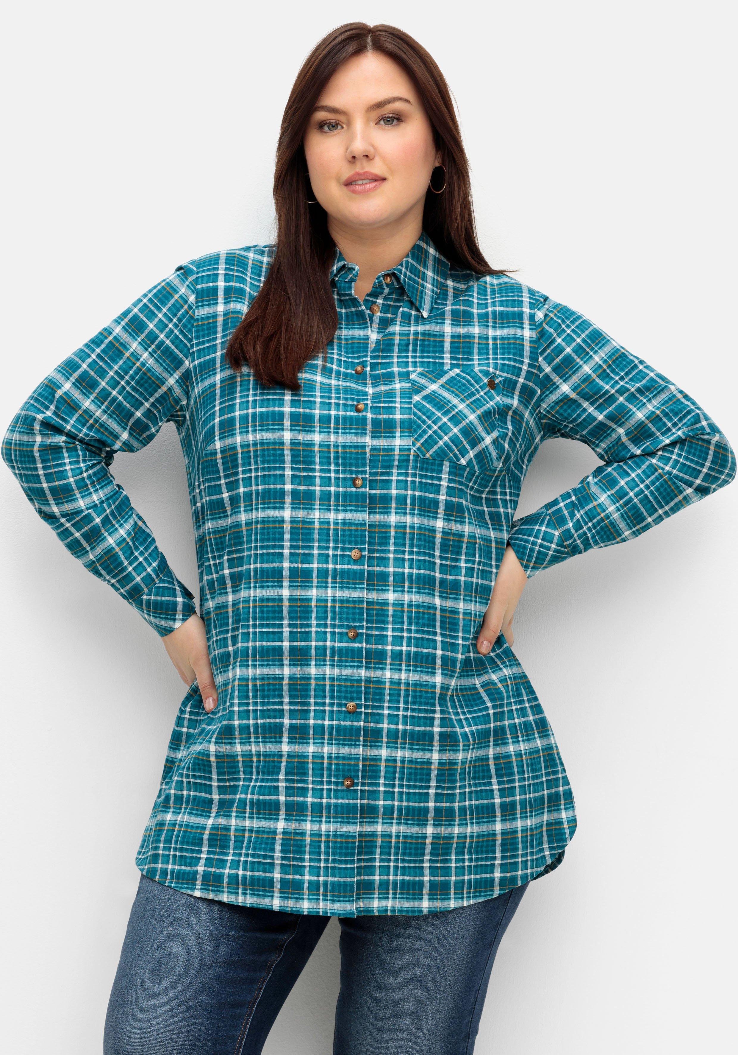 Longbluse in Crinkle-Qualität, mit Fischgrät-Karos