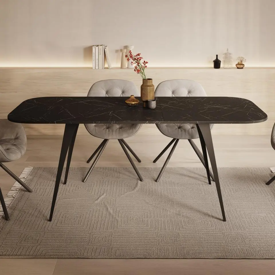 Meubella - Eetkamertafel Flix - Zwart marmer - 160 cm - Uitschuifbaar