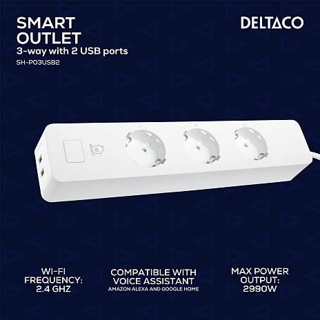 Deltaco Smart stikdåse med 3 stik og 2 USB-porte - hvid