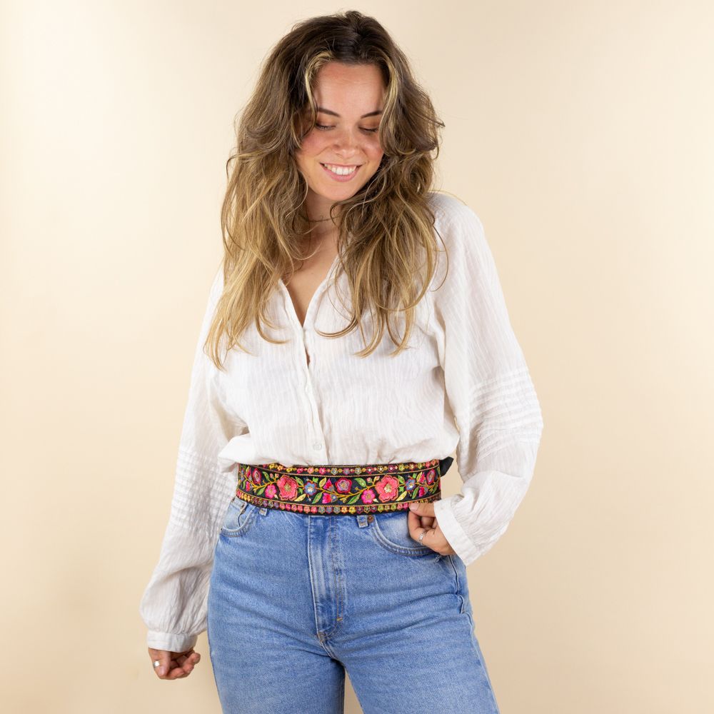Moonrise velvet riem Ascella zwart - multi met bloemen