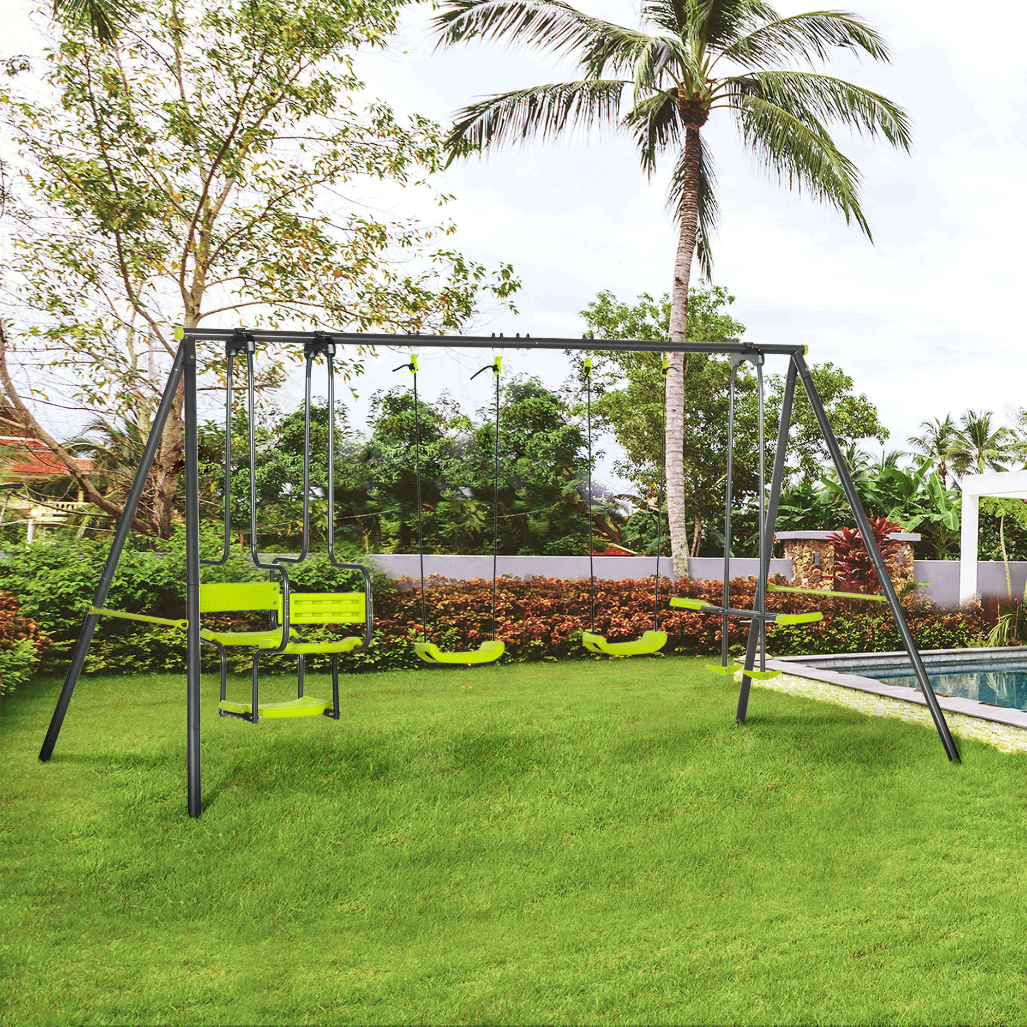 Conjunto de balanço infantil Outsunny Green para áreas externas, com 2 balanços e cadeira de balanço para crianças.