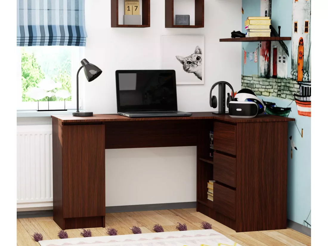 Grand bureau d'angle AKORD droit B20 Wengé 155 cm 1 porte 3 tiroirs façade Wengé 4 étagères 155x85x77 cm