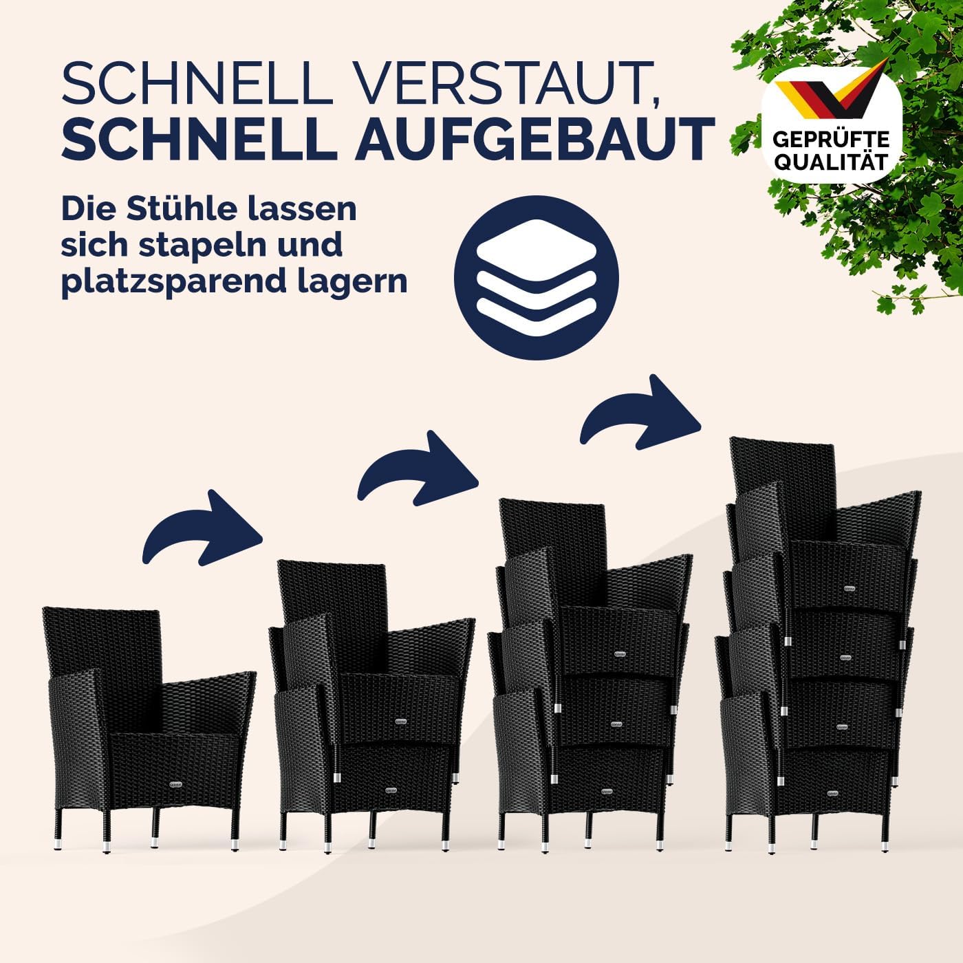 Casaria® Gartenmöbel Set 8 Personen Stühle inkl. 7cm Polster & Abdeckung Tisch 190x90cm 160kg Belastbar Wetterfest Polyrattan Stapelbar Terrasse Möbel Schwarz
