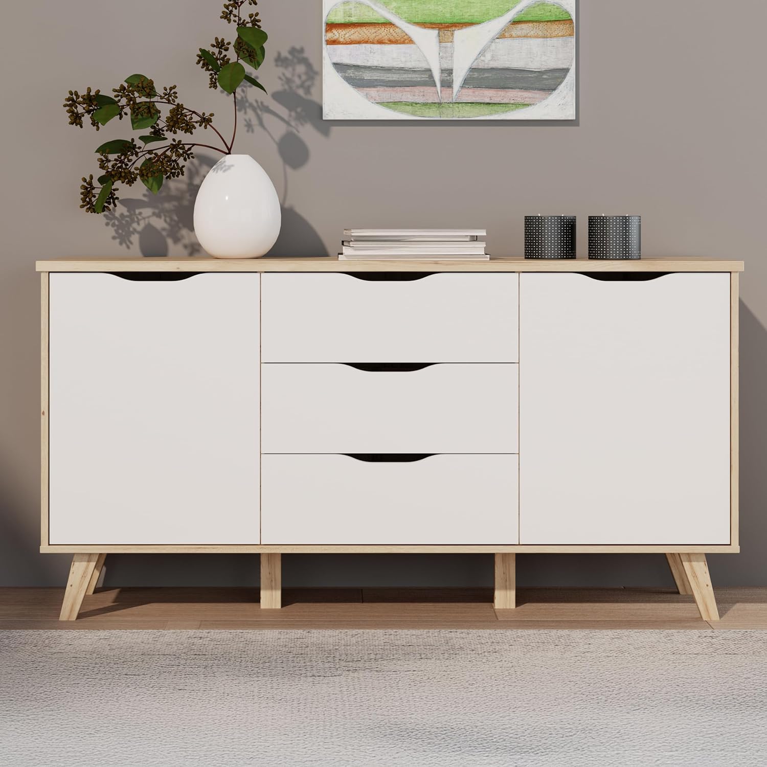 Forte VANKKA Kommode 150, Moderne Kommode mit 3 Schubladen und 2 Türen, Holzwerkstoff, Planked EicheDekor/Weiß, 149,4 cm breit, 76,7 cm hoch, 42 cm tief