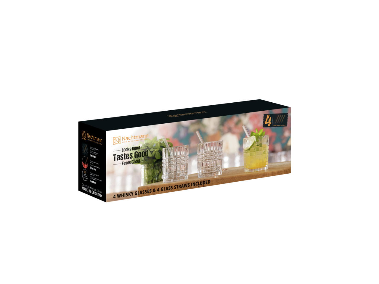 Nachtmann 4er-Set Whisky-Gläser + Glas-Trinkhalme TASTES GOOD