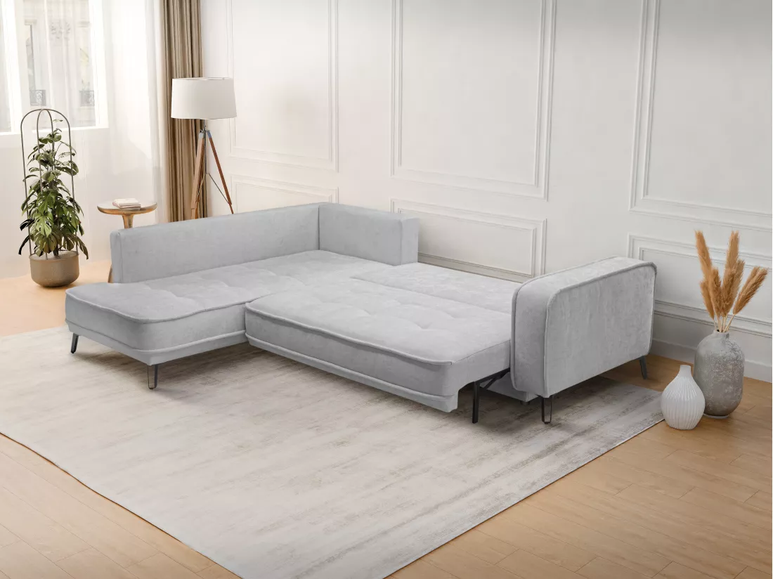 Canapé d'angle gauche convertible en tissu gris clair BALCORIA de Maison Céphy