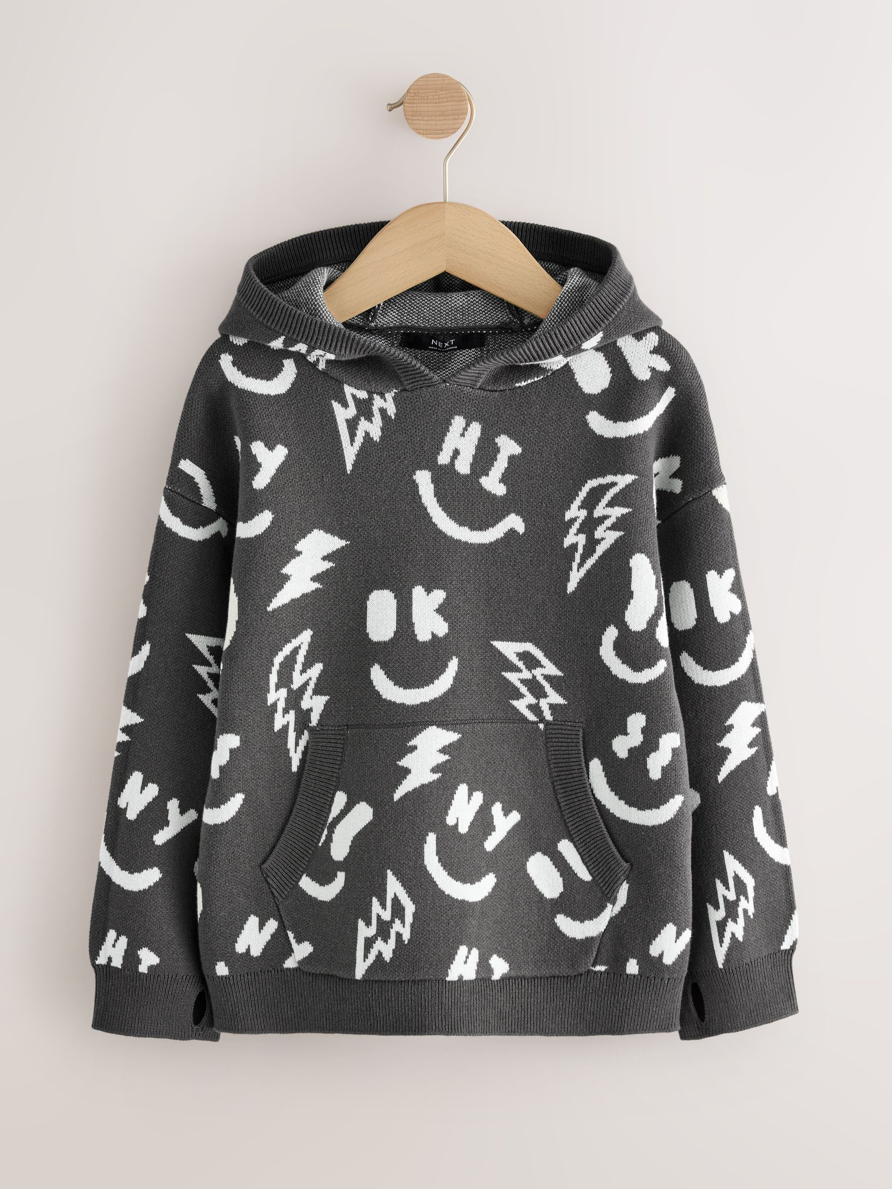 Zwart-wit met figuurtjes - Gebreide hoodie (3-16jr)