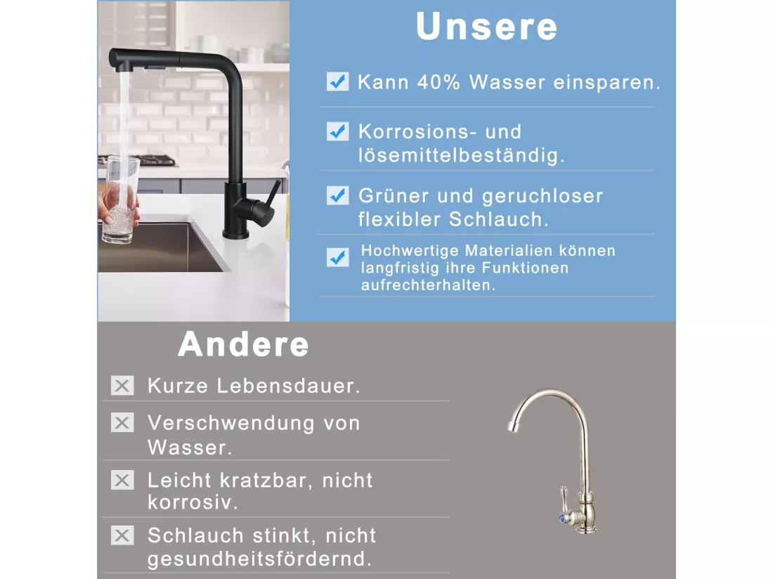 NETTLIFE Robinet de lavabo Robinet d'évier extensible Rotatif à 360° en acier inoxydable avec 2 types de jets