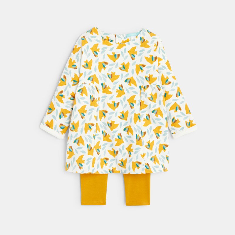 Robe oiseaux molleton léger et legging jaune bébé fille Jaune