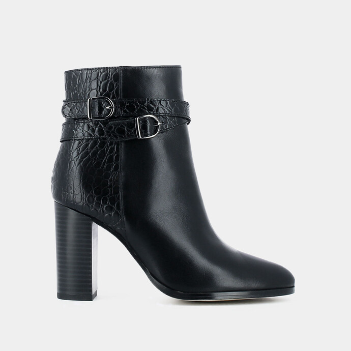 Bottines à talons et boucles  en cuir et croco noir