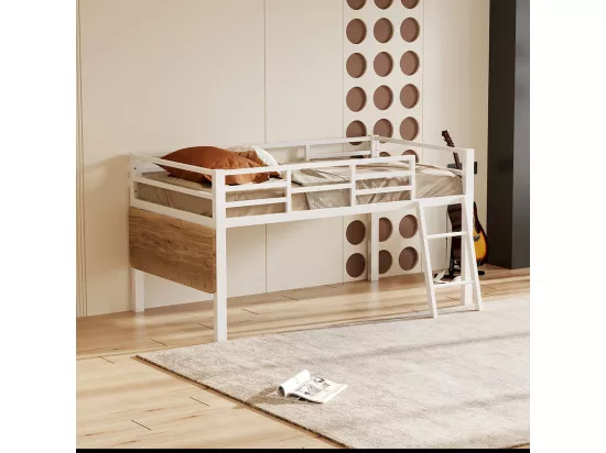 Lit plat en métal 90 x 200 cm, rails, échelle, bureau, bande LED à distance, blanc