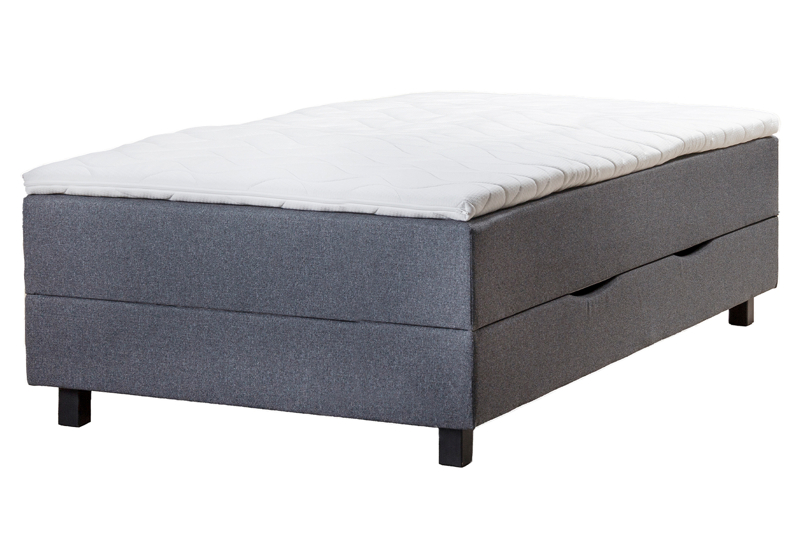 S3 smartseng 120x200 cm i tekstil Gandar 16 Grå med 8 cm overmadrass og sortbeiset ben\n