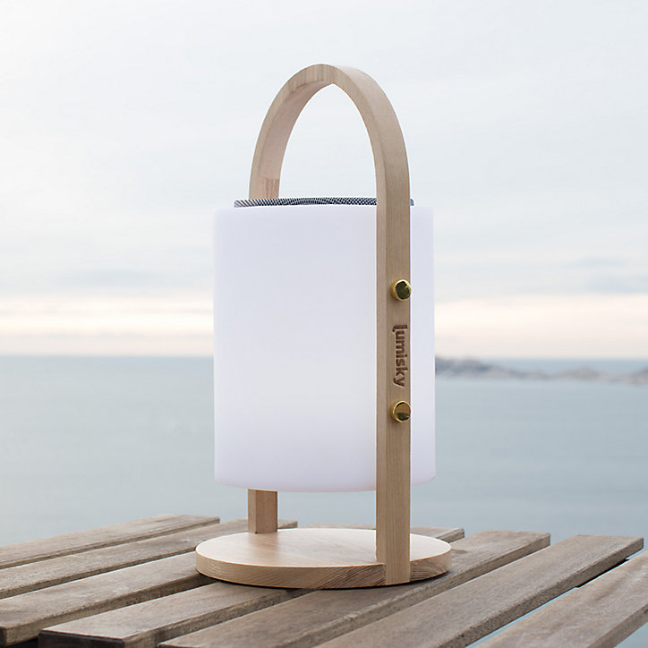 Lampe enceinte bluetooth sans fil dimmable Woody Play Lumisky 100lm 10W IP44 90dB blanc froid blanc chaud multicolore l.19 x H.37 cm
