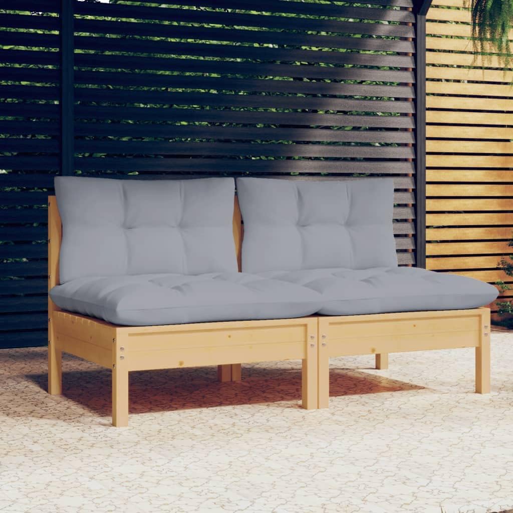 vidaXL Gartensofa 2-Sitzer, Gartenmöbel 2 Mittelsofa mit Grauen Kissen, Modular Sofa Lounge Sitzgruppe für Garten Terrasse Balkon, Loungemöbel, Massivholz Kiefer