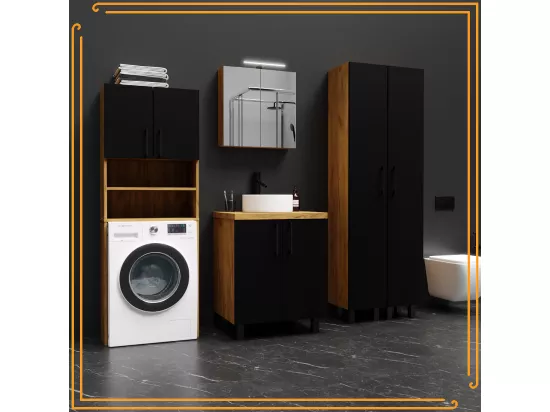 Armoire de salle de bain pour machine à laver et sèche-linge, colonne de rangement pour électroménager en chêne noir.