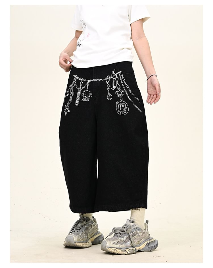 Iduna - Mid Rise Cartoon Print Washed Jorts