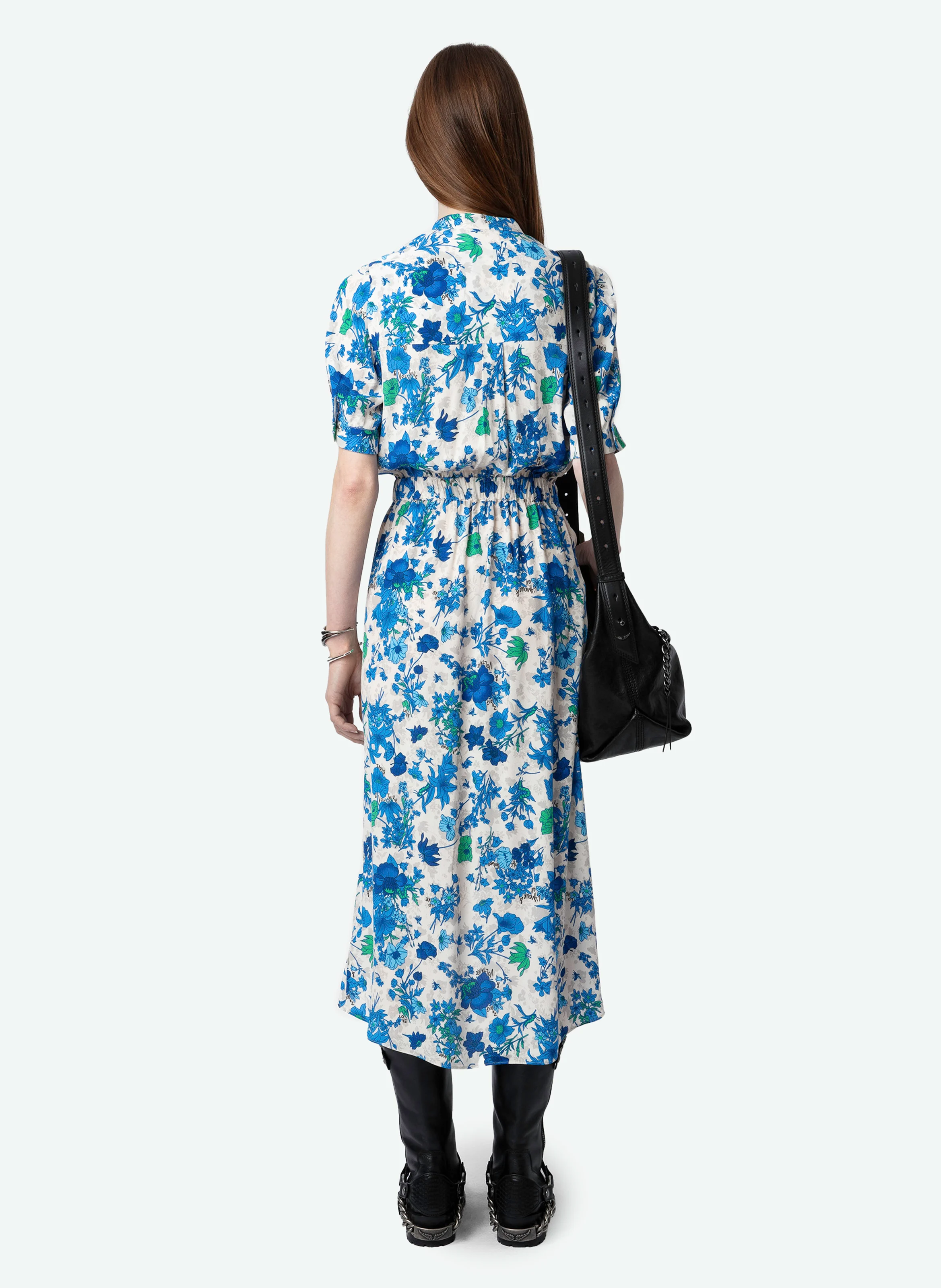 RIMA - Robe longue droite col rond imprimée | Blanc