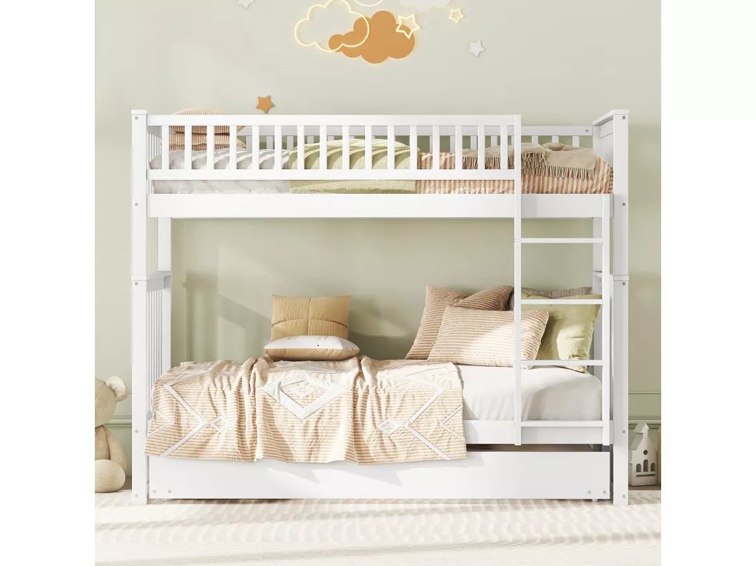 Lits superposés 2 x 90 x 200 cm + lit gigogne 90 x 190 cm - Bois MDF - Blanc - ANTHONY