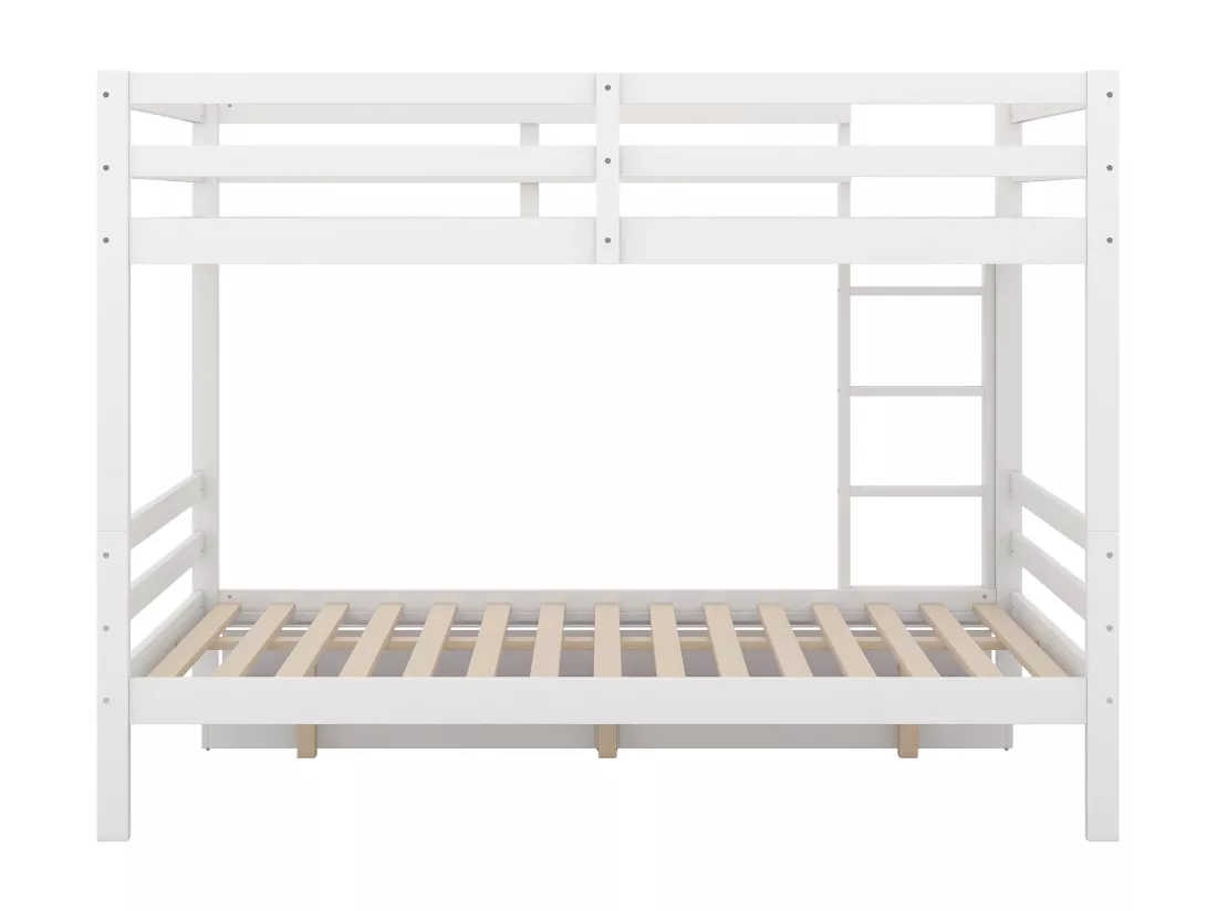 Lit superposé 140x200cm, lit d'enfant avec 2 tiroirs, échelle, garde-corps hauts, blanc