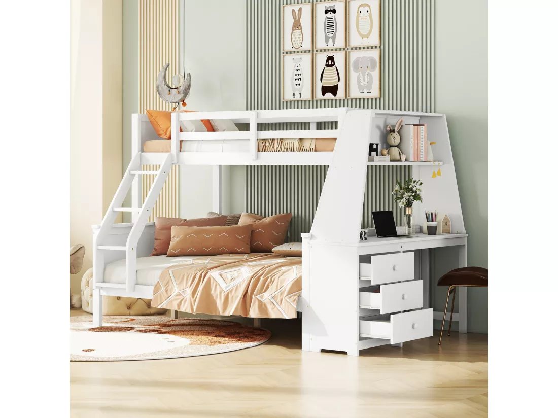 Lits superposés 90 x 200 cm + 140 x 200 cm - bureau + 3 tiroirs + étagère - bois MDF - blanc