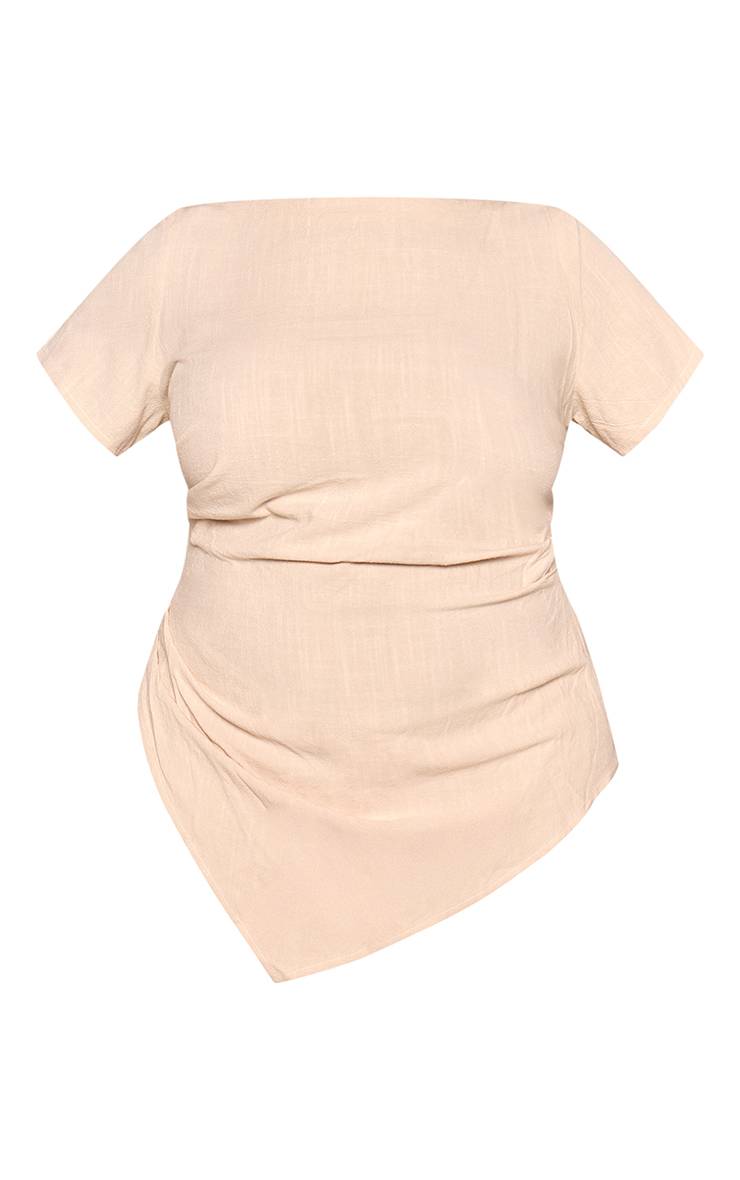 Gris Pierre Haut Coordonné Grande Taille À Manches Courtes En Tissu Texturé Tissé Avec Drapé