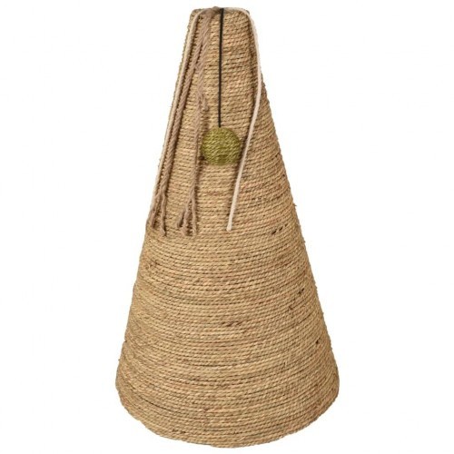 Arranhador em forma de cone para gatos, feito de erva marinha, marrom.